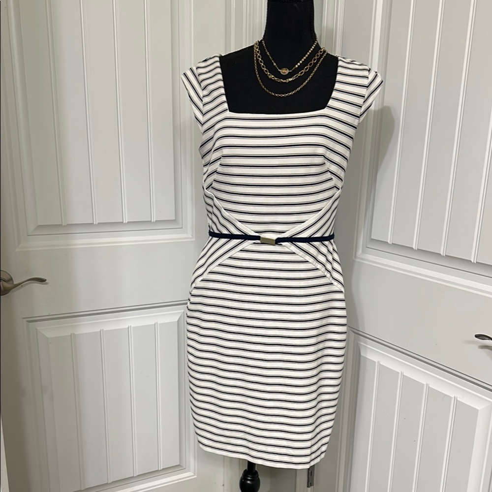Striped White and Navy Sheath Dress with Belt